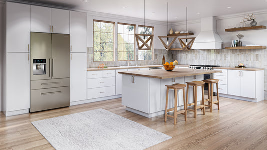 A white, flat panel, plywood semi custom kitchen by Home Decorators Collection Kitchen & Bath Cabinetry 